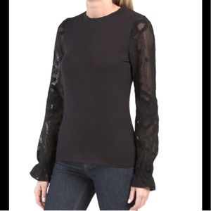 Tahari Embroidered Lace Puff Sleeve Blouse Black M Like New